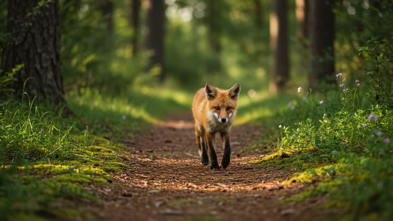 A Majestic Fox Gracefully Walking Down a Serene Forest Path Amidst Lush Greenery and Sunlit Surroundings, Capturing the Essence of Nature&#x27;s Beauty