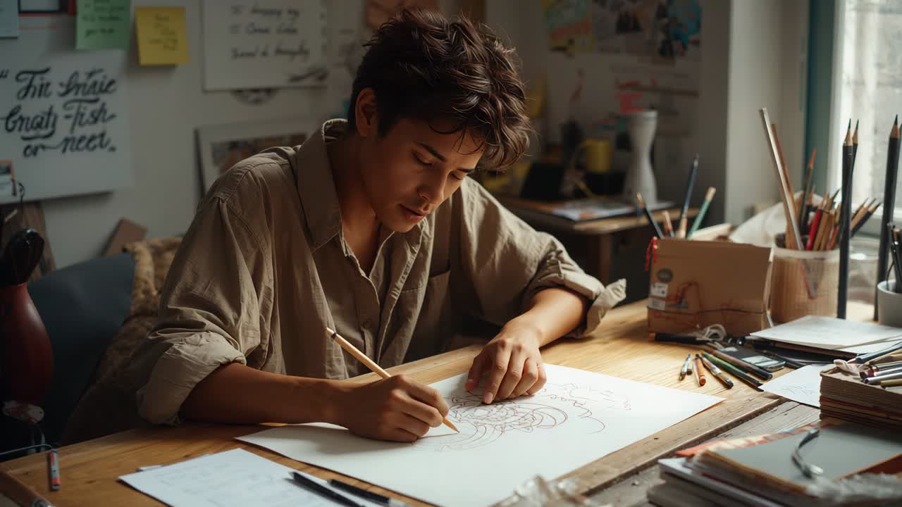 Disposizione di una matita, artista asiatica con le maniche rimboccate che disegna un mandala alla scrivania vicino alla finestra, rifinendo le linee