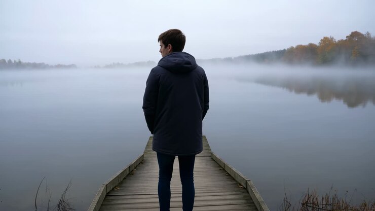 Giovane uomo in piedi su un molo di legno che si affaccia su un lago nebbioso