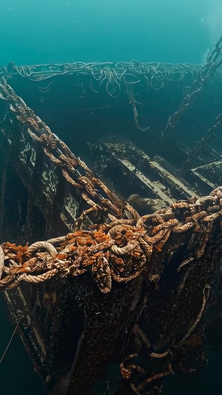 Vertical video: Pulling back camera revealing corroded wreck at seabed, inspecting chains and ropes