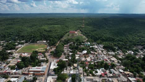 backwards drone shot of tekax yucatan main church