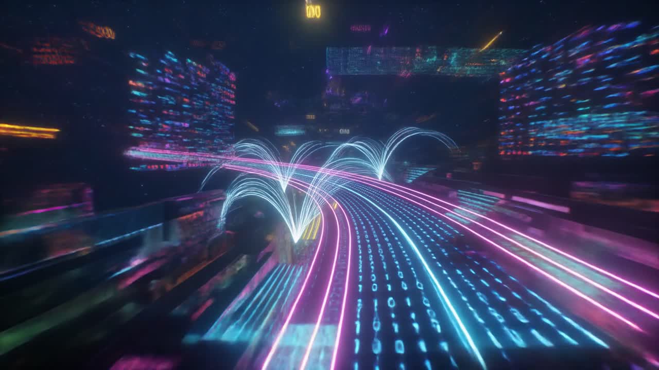 Dados Digitais Futuristas Fluindo por uma Rede Urbana de Néon