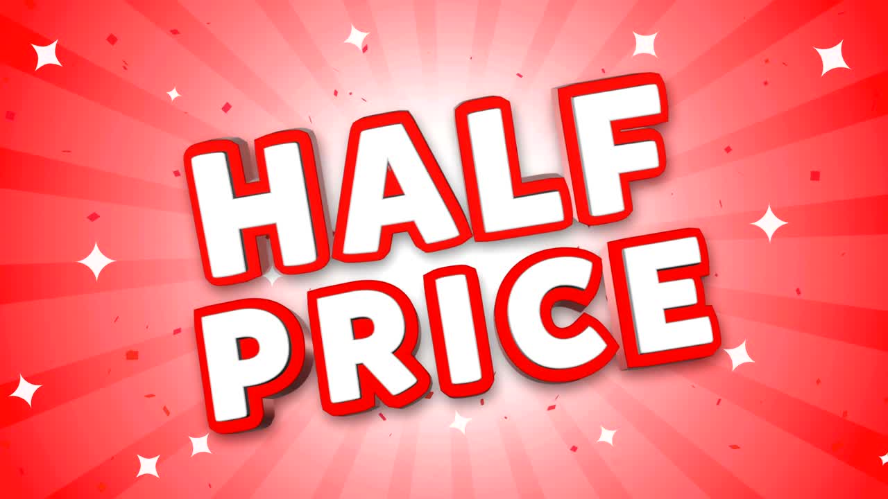 하프 프라이스 3d 텍스트가 떨어지는 콘페티 배경에