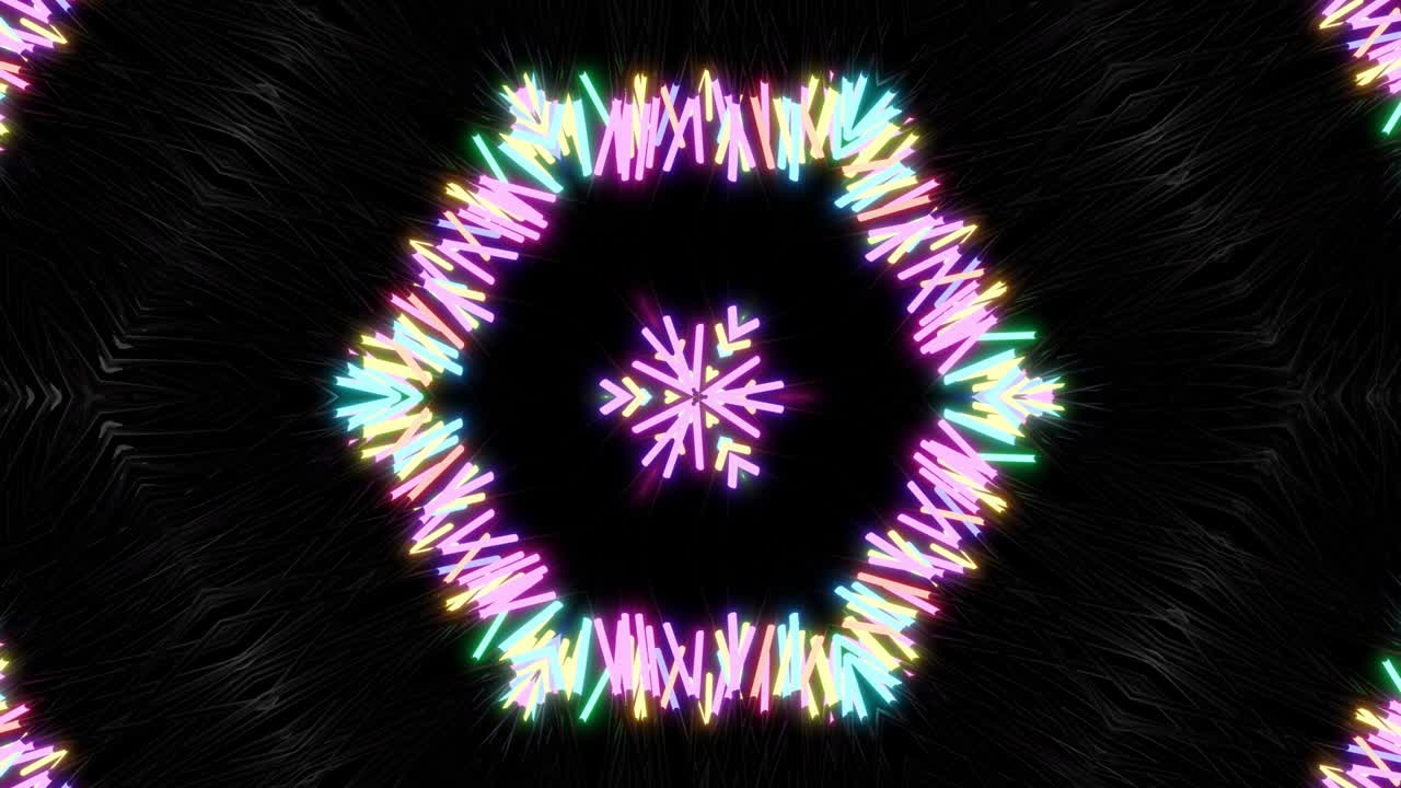4k abstract looped background with symmetrical structures like kaleidoscope with lighting bulbs, multicolor neon lights. Vj loop for beat music, festive show or holiday events, festivals or concerts