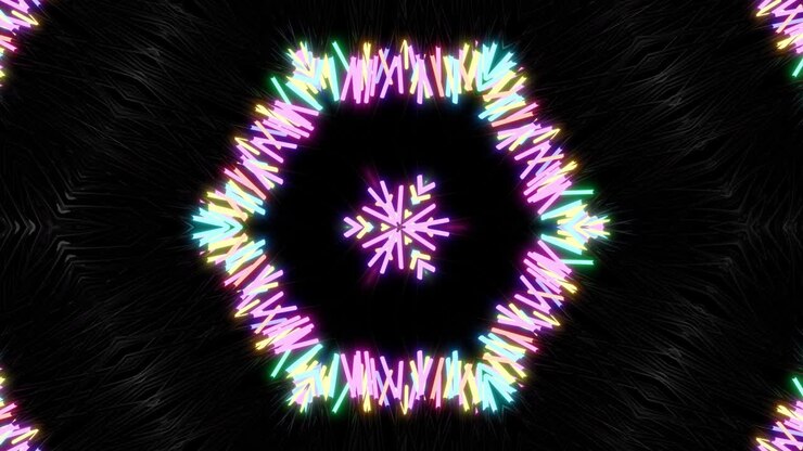 4k abstract looped background with symmetrical structures like kaleidoscope with lighting bulbs, multicolor neon lights. Vj loop for beat music, festive show or holiday events, festivals or concerts