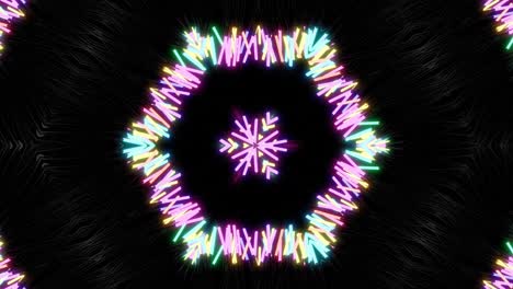 4k fondo en bucle abstracto con estructuras simétricas como caleidoscopio con bombillas de iluminación, luces de neón multicolores. bucle vj para música beat, espectáculo festivo o eventos de vacaciones, festivales o conciertos