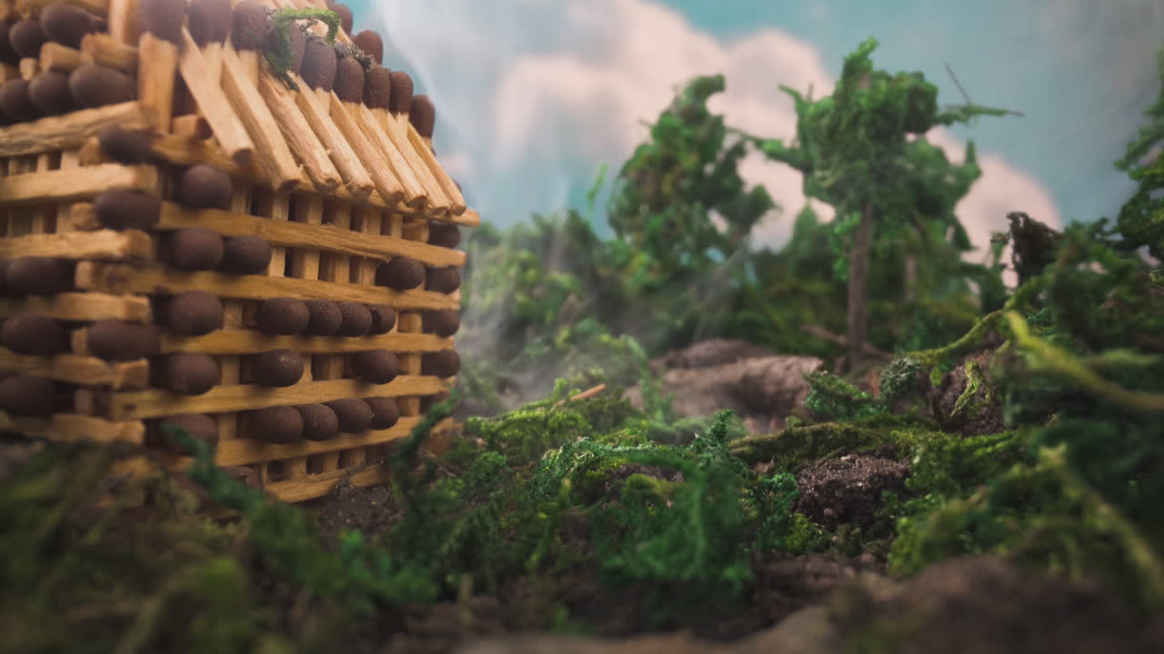 escena en miniatura con una pequeña casa de fósforos en humo en el bosque