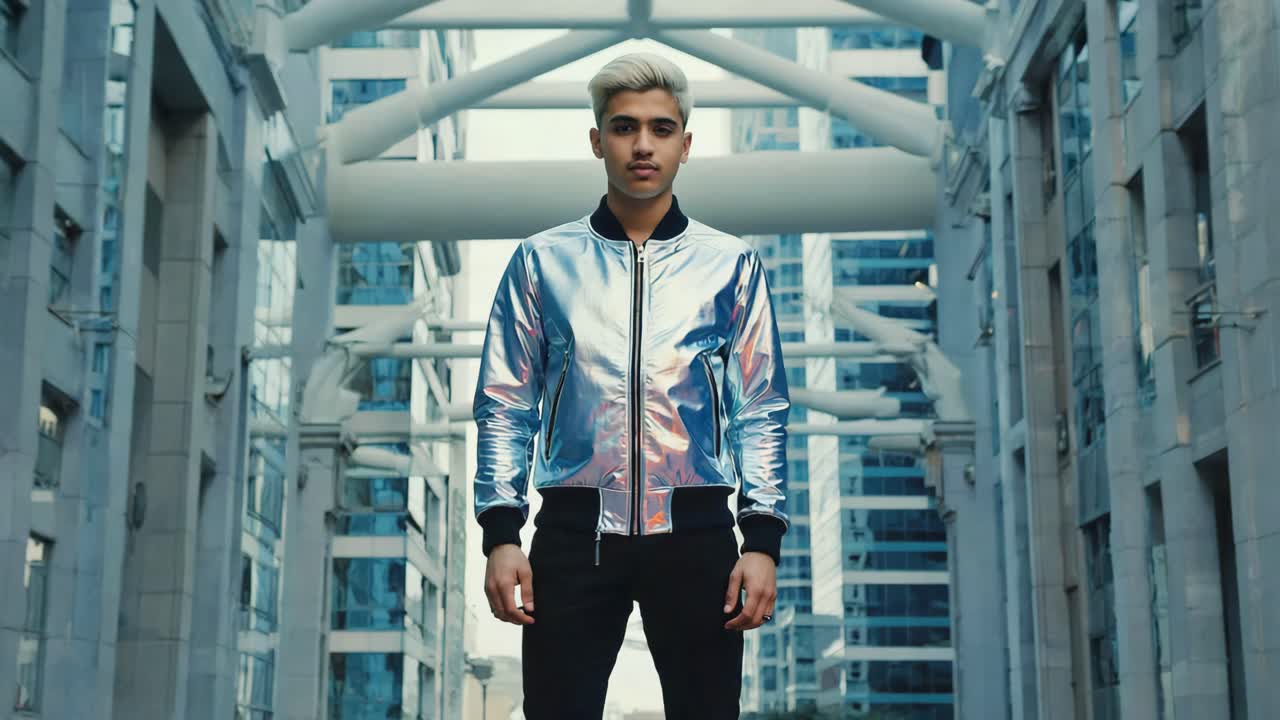 Man in Silver Jacket in Urban Setting