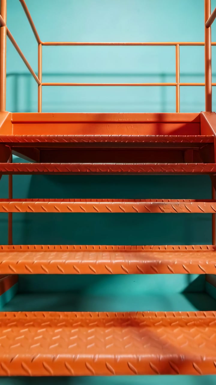 Vertical video: Panning up cam showing orange stairs by teal wall, revealing top landing and treads