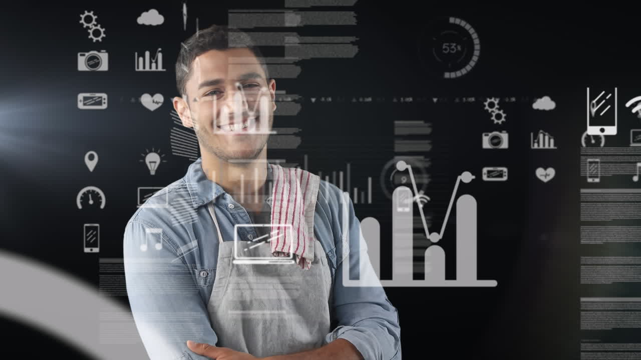 animación de procesamiento de datos e iconos digitales sobre empresario que usa auriculares vr