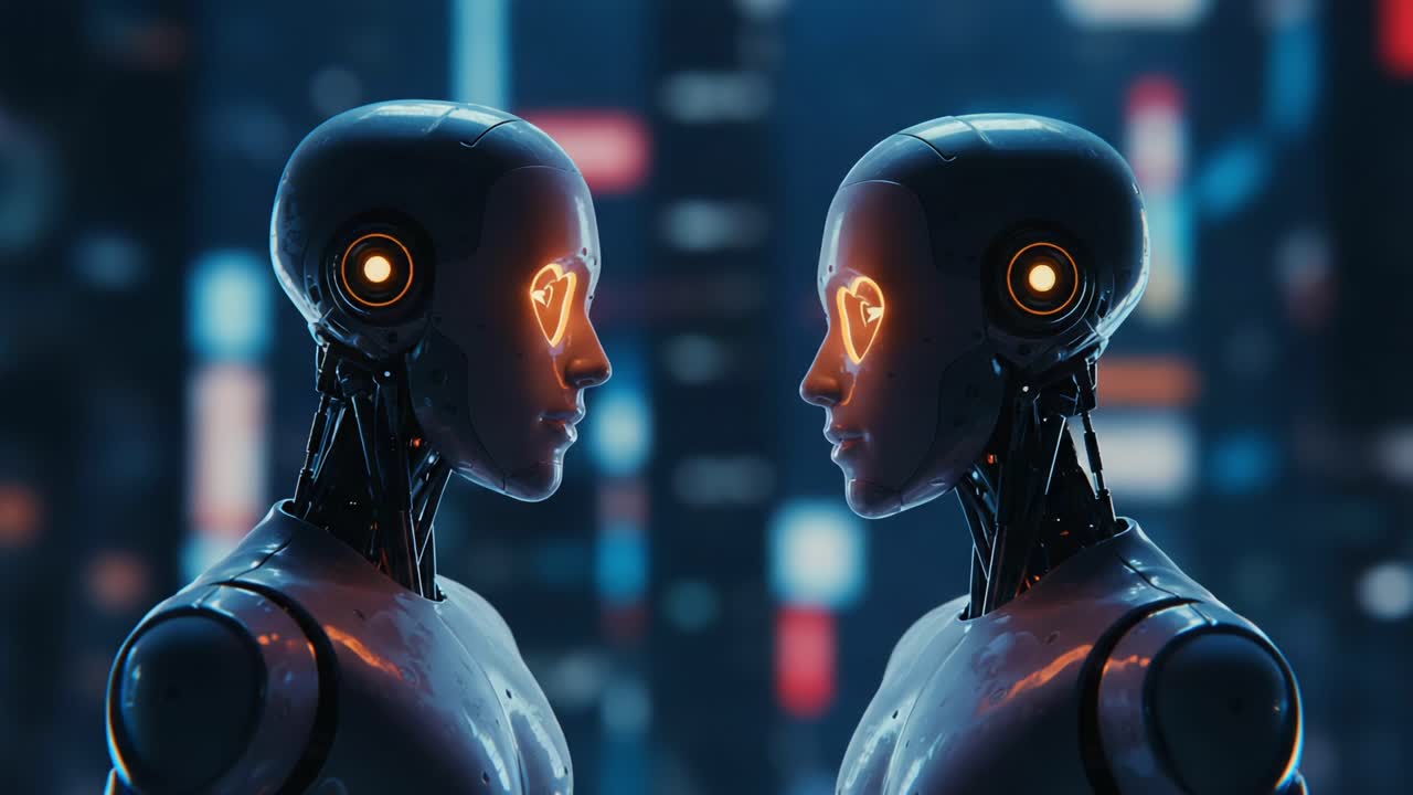 Un incontro affascinante tra due robot avanzati con occhi a forma di cuore, che simboleggiano connessione ed emozione in un ambiente digitale futuristico.