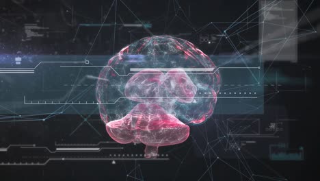 animación de un cerebro humano brillante con procesamiento de datos de interfaz digital