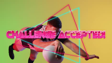 animation of challenge accepted text with shapes over caucasian male rugby player jumping