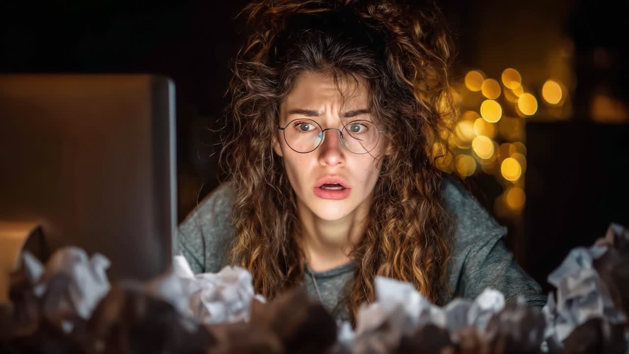 A Young Woman Reacts with Shock and Surprise While Working Late at Her Computer Surrounded by Scrunched Paper, Capturing the Intensity of Stressful Moments in a Creative Process