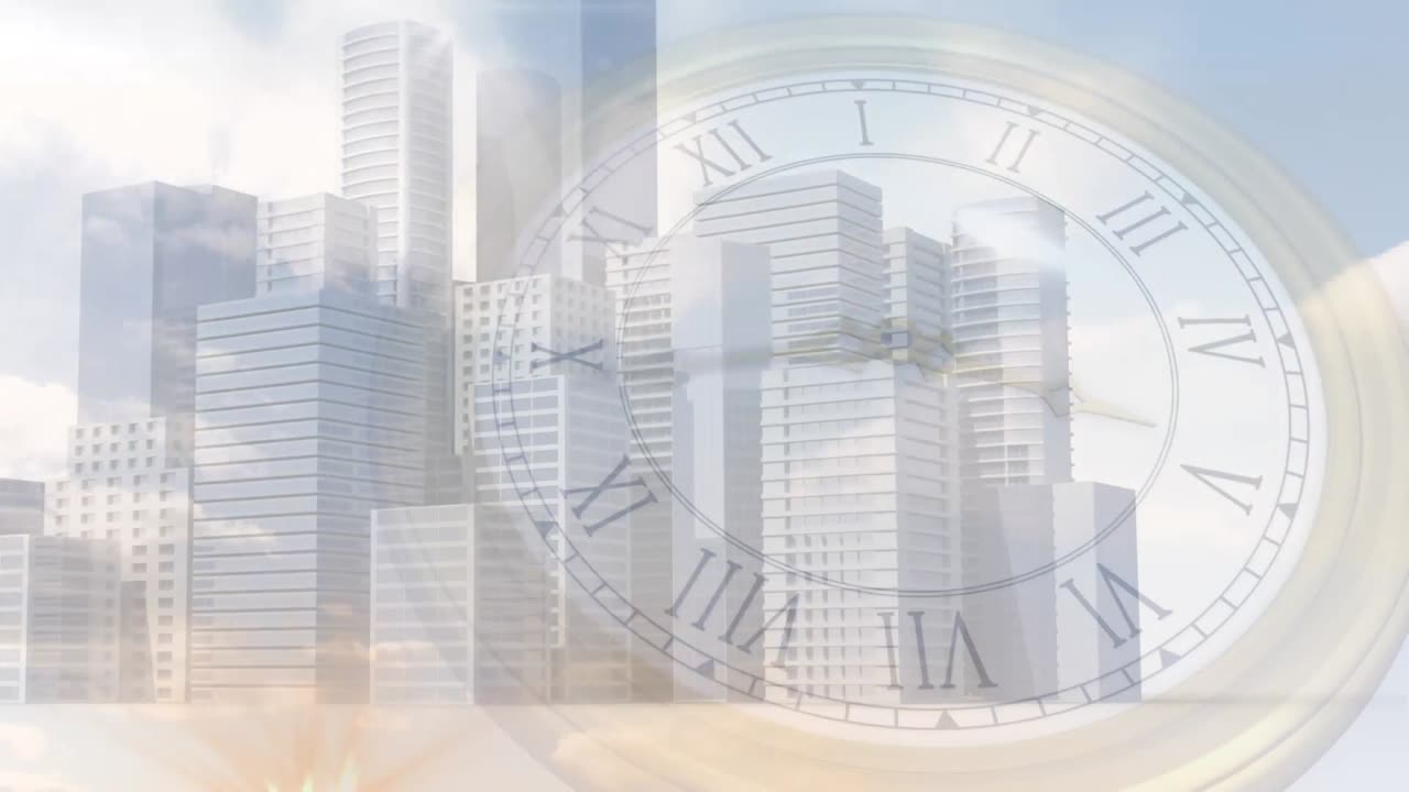 Animation of cityscape over clock moving