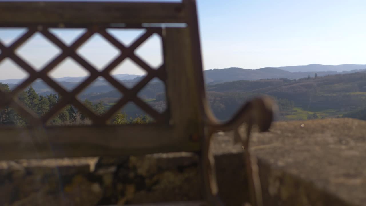 French Countryside With Forest, Hills From A Balcony With Closeup On An Old Bench In Ard&egrave;che under the sunset