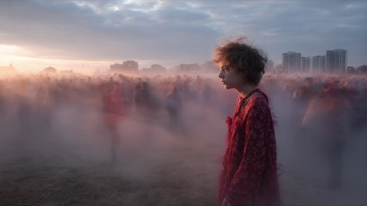 A solitary figure stands amidst a swirling sea of blurred movement as fog envelops the landscape, creating an evocative atmosphere of mystery and contemplation in a vibrant sunset