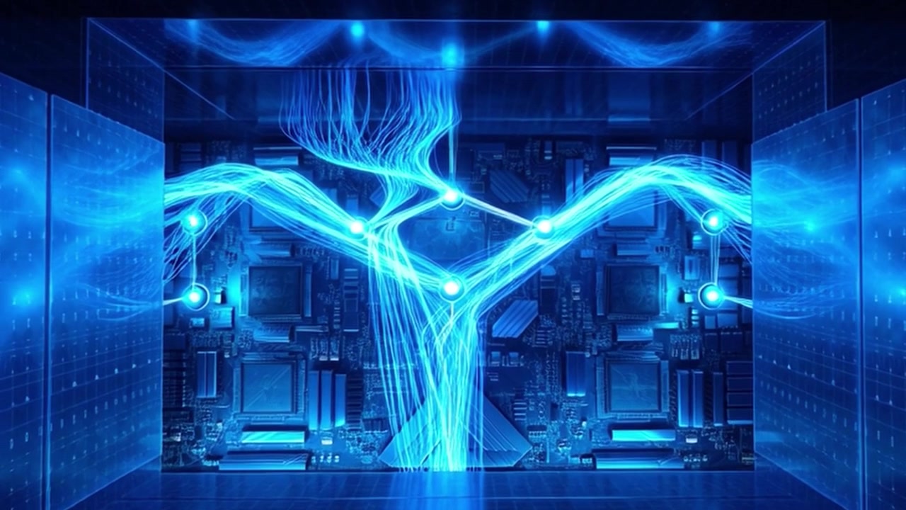 Abstract Digital Data Flow Over Computer Circuit Board