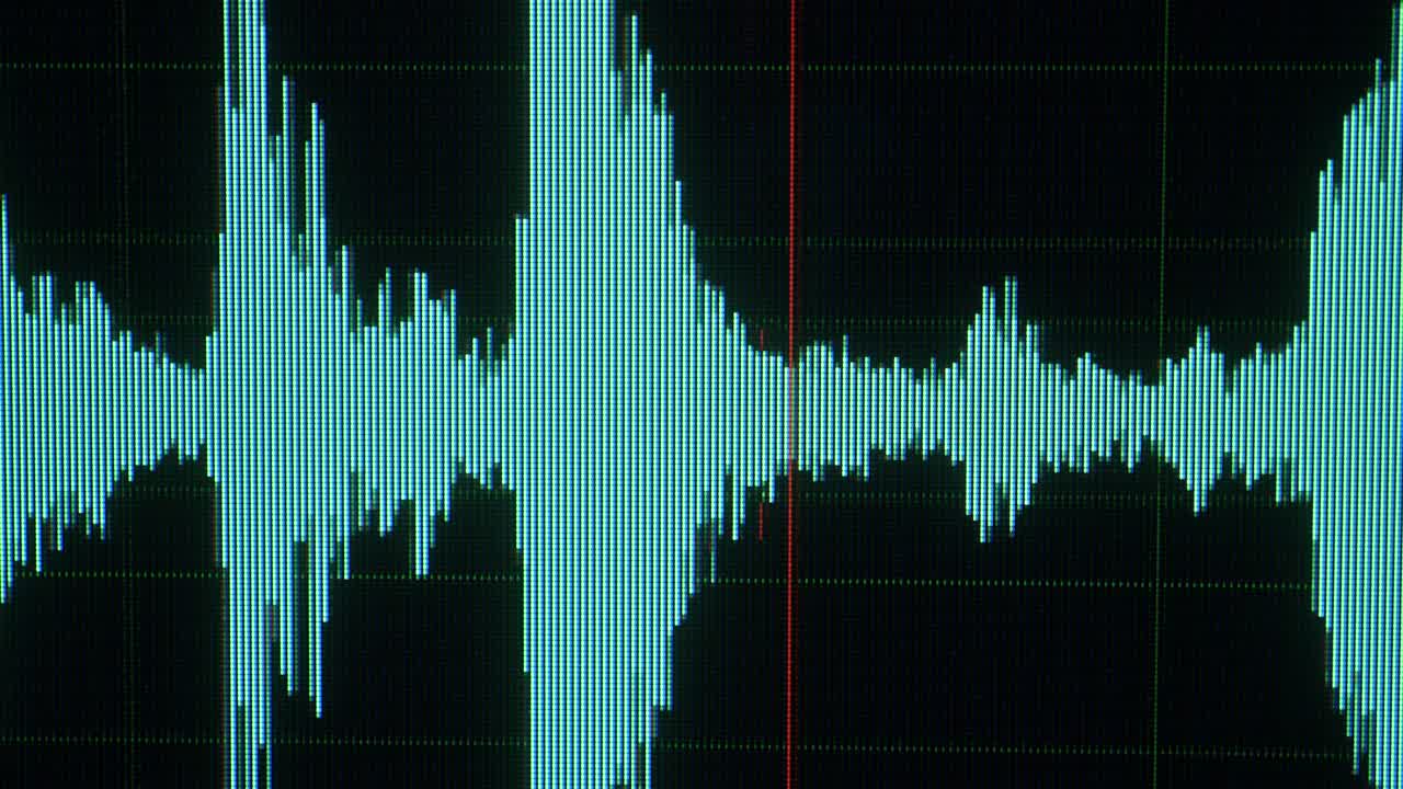 Screen Close Up. Voice Sound Wave or Waveform Display on Monitor. Audio Waves on a Computer Screen. Music Equalizer, Sound Frequency in Lines, Digital Player Waveform. Noise Oscilloscope. Refocus