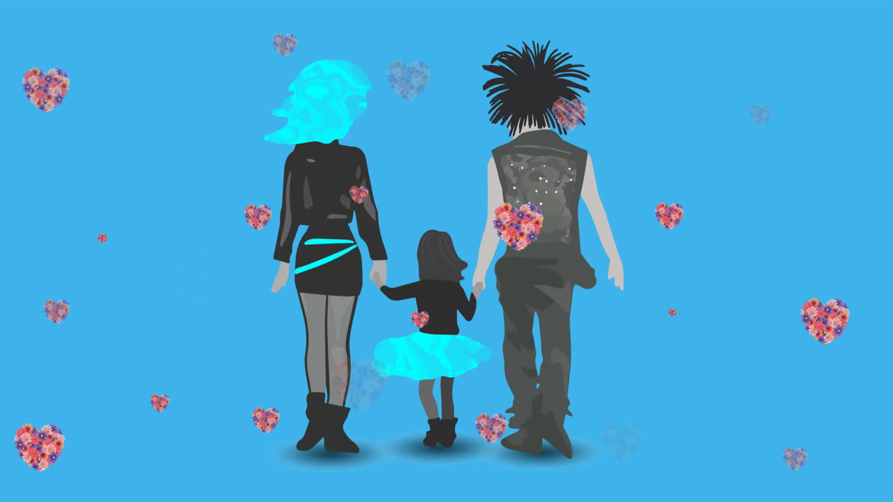 animación de una ilustración de padres punk tomados de la mano con su hija, con corazones florales en azul