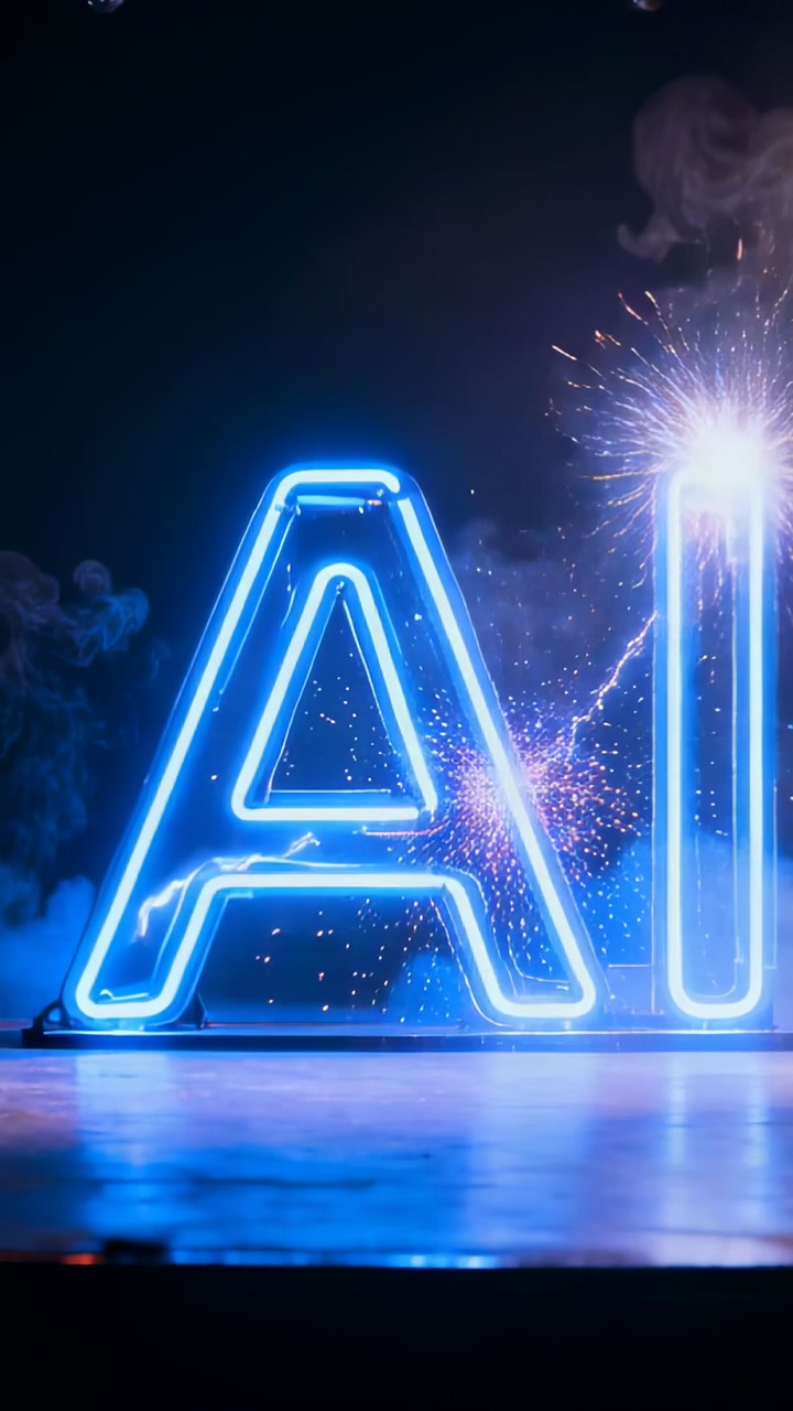 Vertical video: Sparking neon 'AI' sending electrical arc, spraying embers and haze on glossy floor