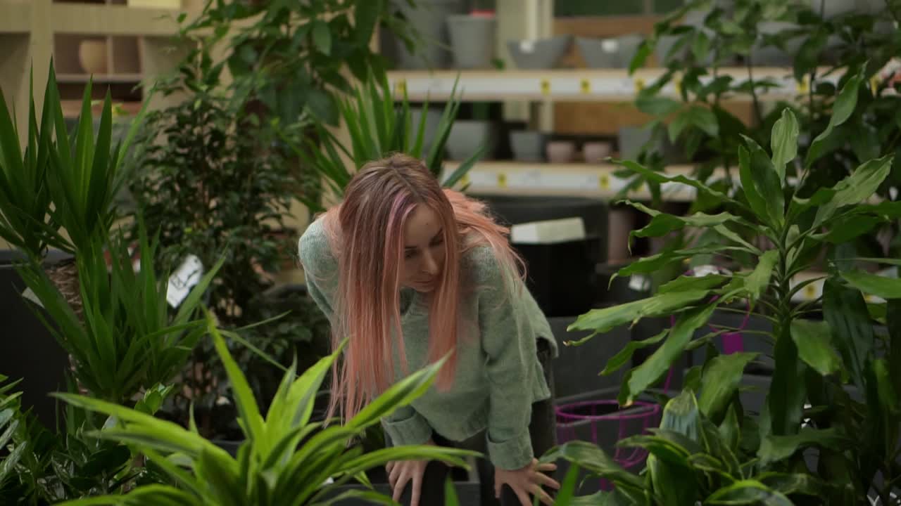 Donna che sceglie piante al mercato dei fiori in un negozio di giardinaggio.