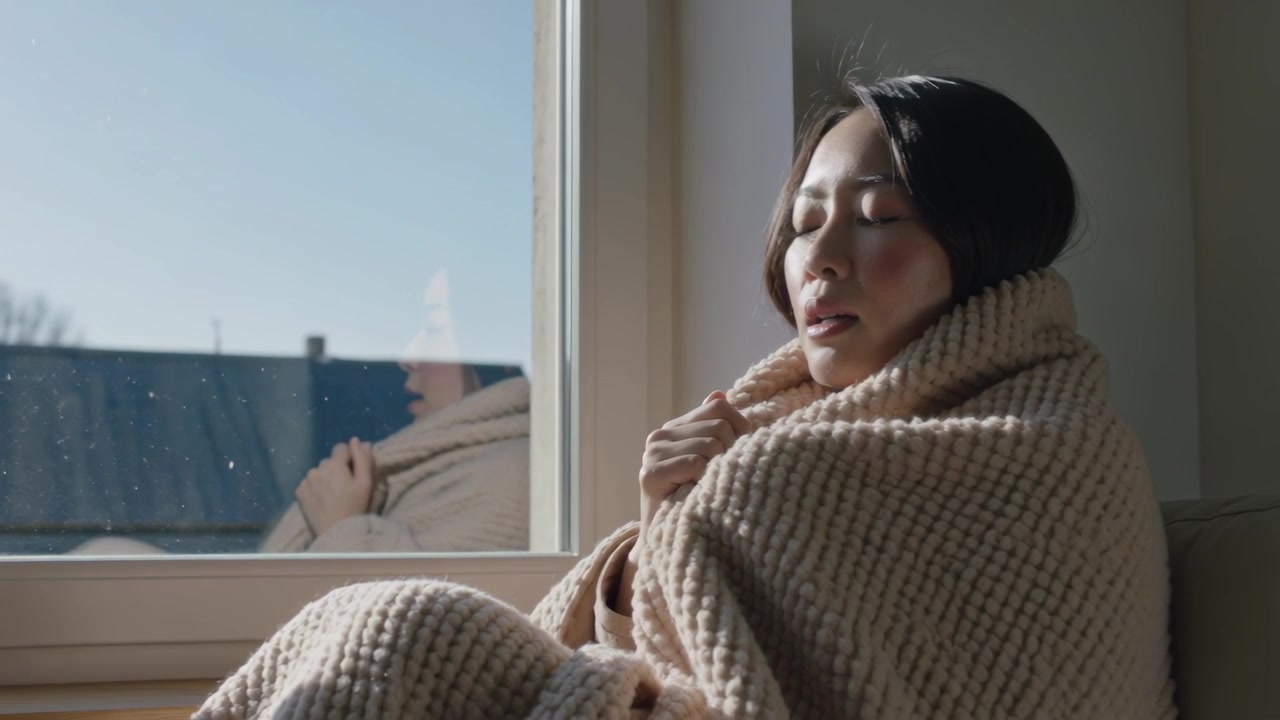 窓際の席でブランケットを整え、差し込む日差しの中で安らぎを見つける目を閉じた女性、コピースペース。