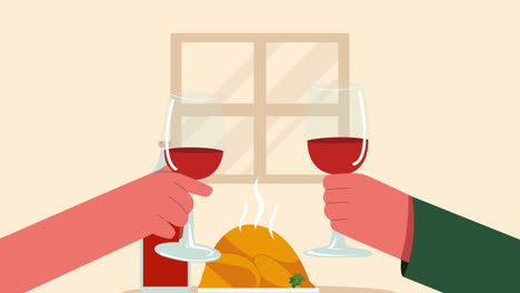 thanksgiving celebration with wine and roasted chicken