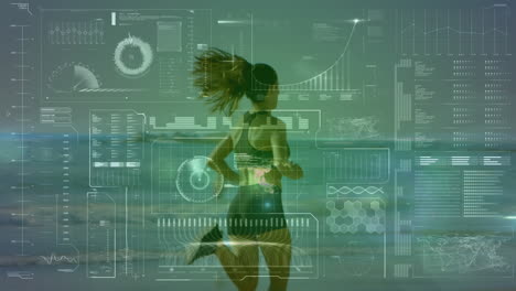 animación de escaneo de alcance y procesamiento de datos sobre mujer en forma corriendo por la orilla del mar