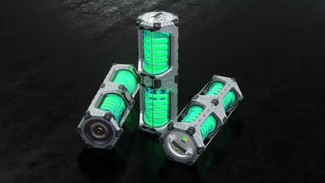 3 scifi hexagonal power tank including a green transculent cylinder put on a dark floor