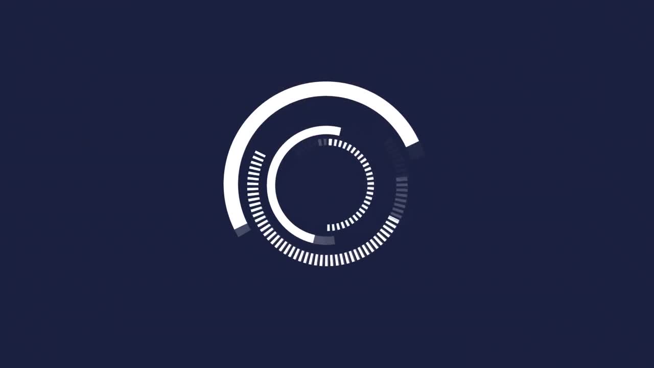 Rotating white rings and red shapes on dark grey background