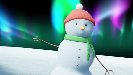 animación del hombre de nieve de navidad moviéndose sobre la aurora boreal en fondo negro