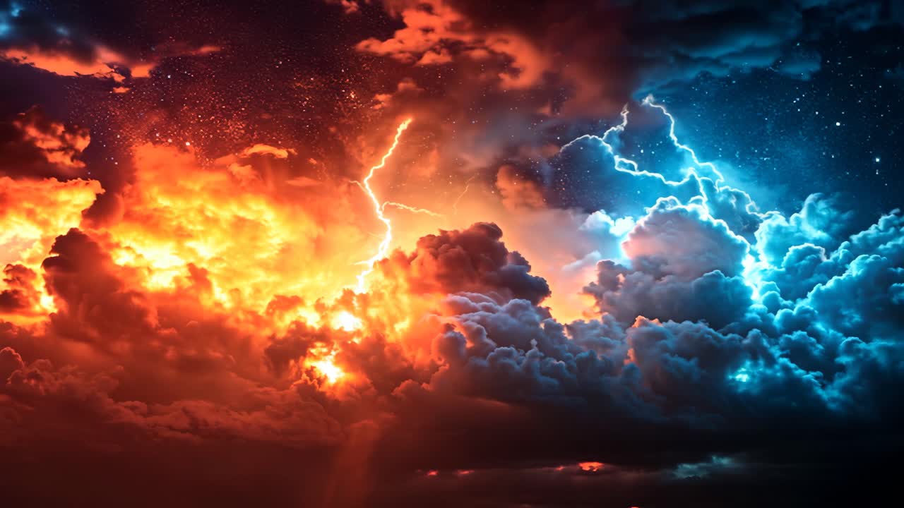 A stormy sky with red and blue clouds and lightning bolts. The sky is filled with a sense of danger and excitement