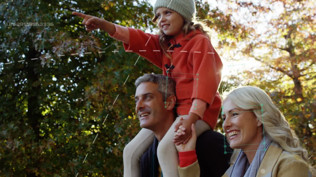 líneas de conexión y procesamiento de datos contra la familia caucásica en el parque