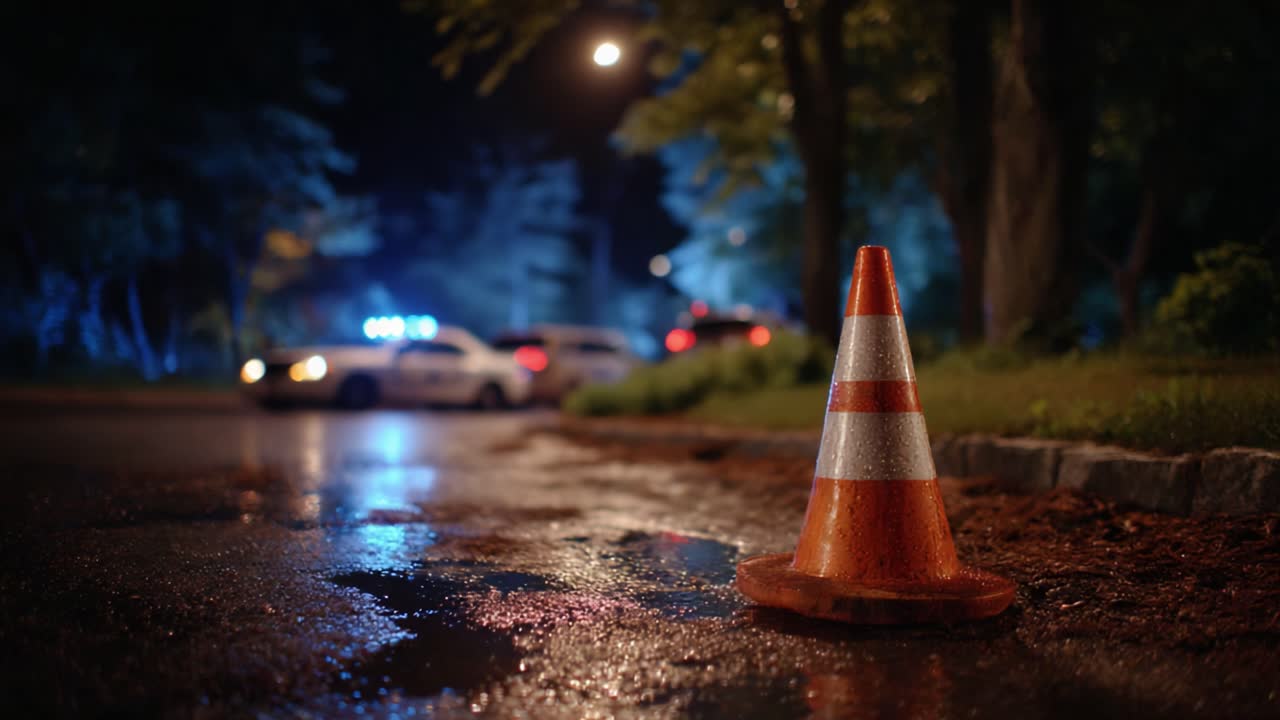 Dimly Lit Street Scene with Traffic Cone and Police Vehicles Illuminated by Flashing Lights Under a Night Sky Surrounded by Trees and Reflections on Wet Ground