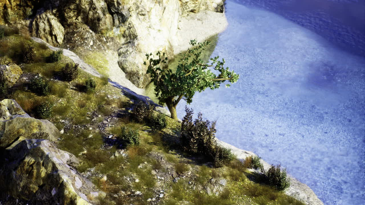 Vibrant coastal landscape featuring rocky formations and lush greenery