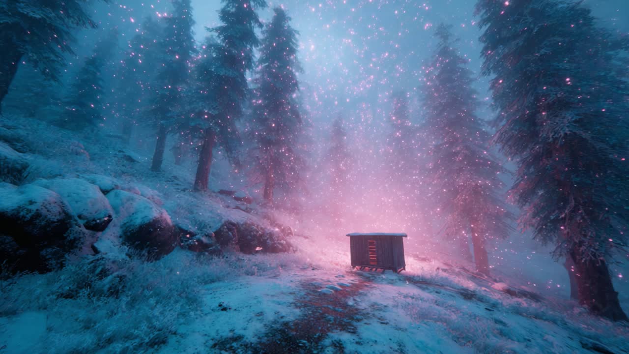 Enchanted Winter Forest Scene with a Mysterious Cabin Surrounded by Glowing Snowflakes and Illuminated Trees in a Fantasy Landscape