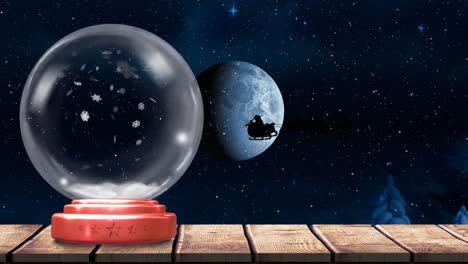 Animation-of-christmas-snow-globe-over-santa-claus-in-sleigh,-snow-falling-and-full-moon