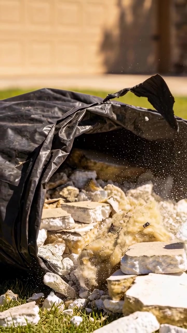 Video verticale: Strappando un sacco di plastica nero che rovescia detriti su un prato erboso, spargendo materiale isolante.