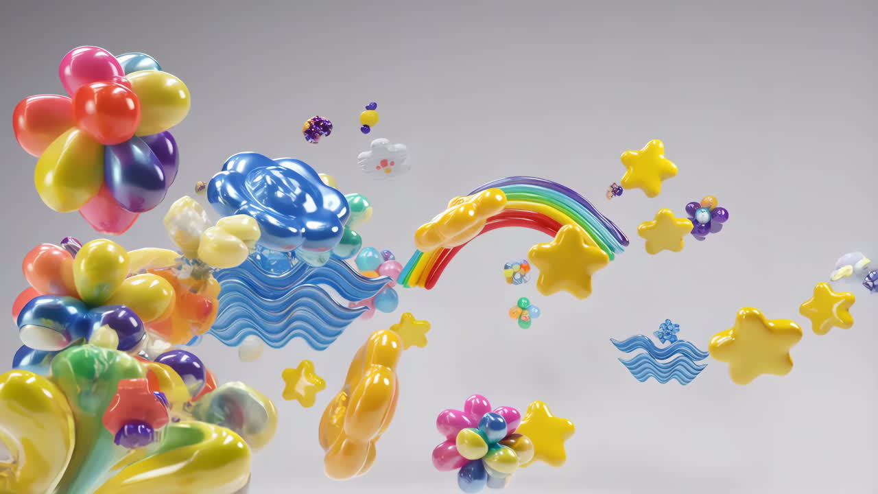 Vibrant Abstract 3D Render of Glossy Shapes and Symbols