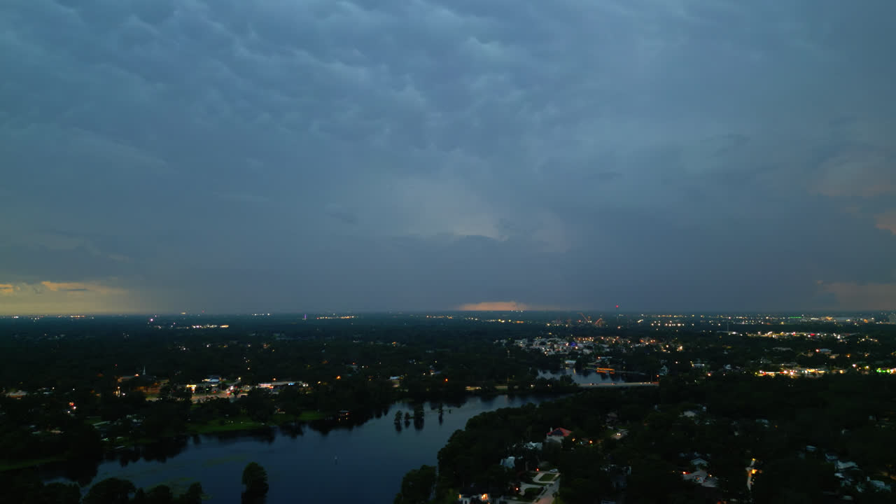 Thunderstorm Lightning Over Downtown Tampa And River At Dusk In Florida - Drone Shot