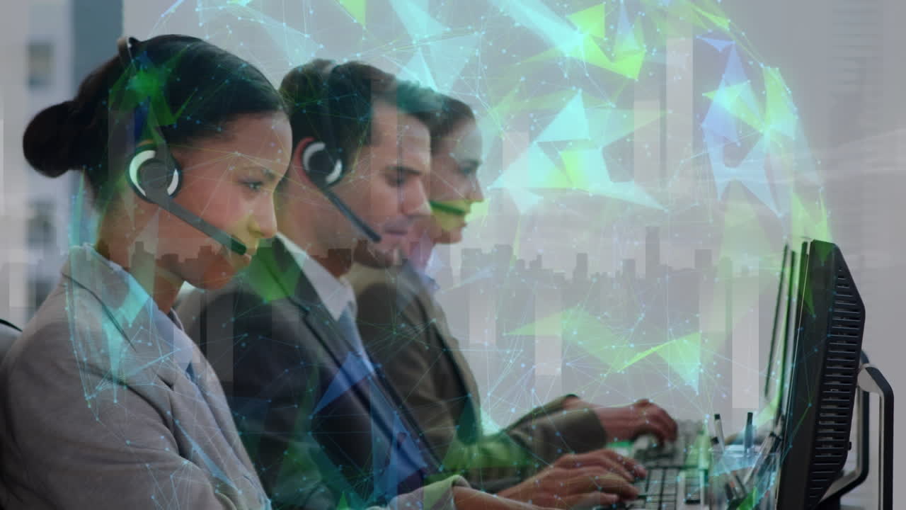 전화 헤드 ⁇ 을 사용하는 비즈니스 사람들에 대한 연결 네트워크와 글로브의 애니메이션