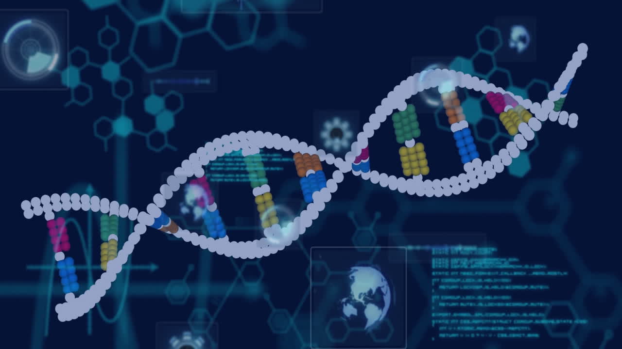 DNA strand and binary coding processing scientific data in animation style