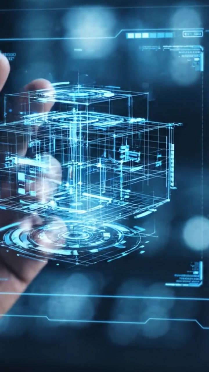 A Hand Interacts with Futuristic Holographic Technology, Demonstrating Advanced Interface Design in a High-Tech Environment with a Focus on Digital Innovation.