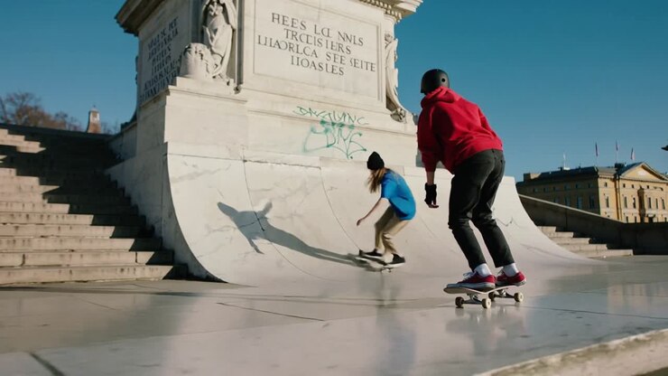 Skater in felpa rossa che si lancia verso la rampa, altri si uniscono e un trio si diverte facendo acrobazie sul circuito.
