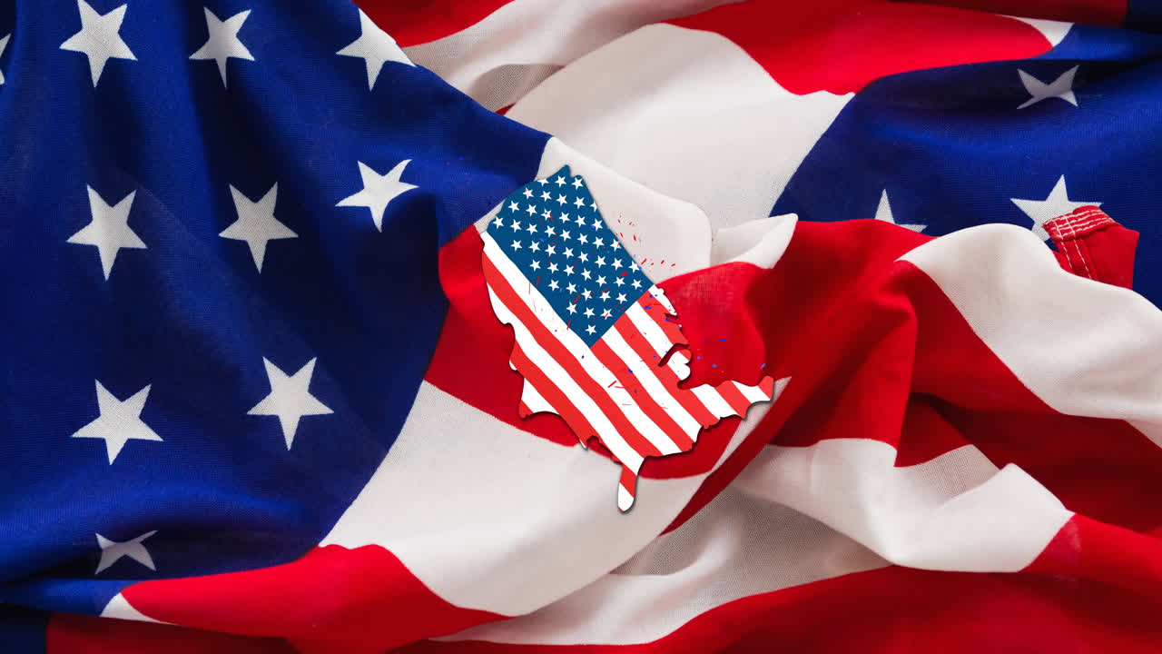 Animazione di bandiere americane sopra una mappa degli Stati Uniti colorata con la bandiera americana