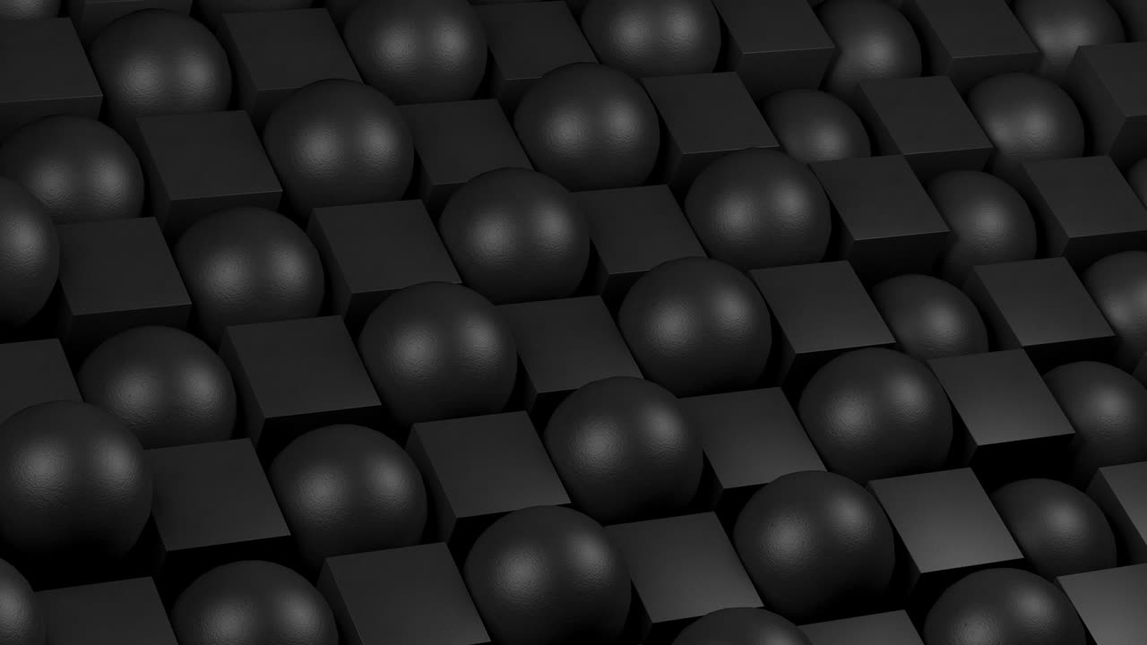 3D-animation. Kamera bevæger sig rundt om sorte kugler og terninger eller kasser, der bevæger sig tilfældigt, stiger op og falder ned. Sømløst loop. Nærbillede