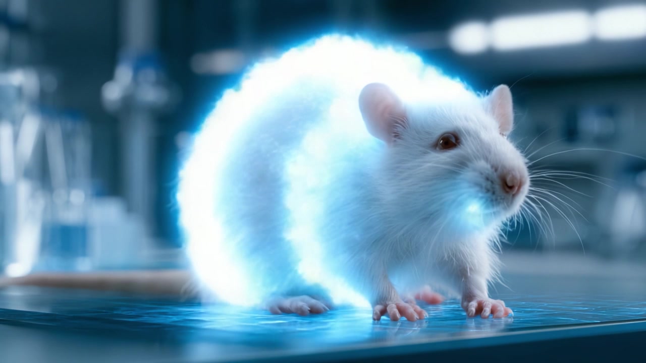 En glödande förvandling: En vit laboratorieråtta omgiven av elektrisk energi i en sci-fi-miljö, som fångar en unik blandning av natur och teknik.