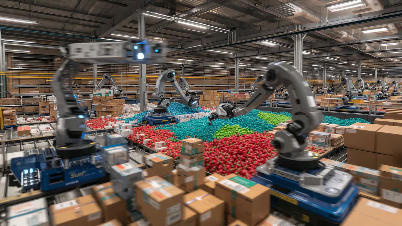Conveyor moving, 6-axis robots picking multicolored spheres on warehouse sorting bed into trays