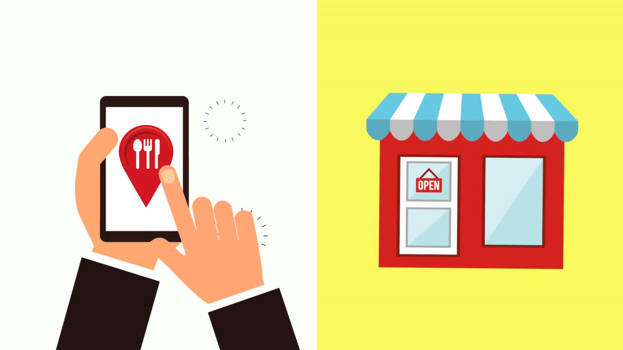 레스토랑 응용 프로그램과 함께 스마트폰을 사용하는 손